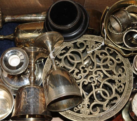 A Victorian silver trophy cup and a collection of plated items